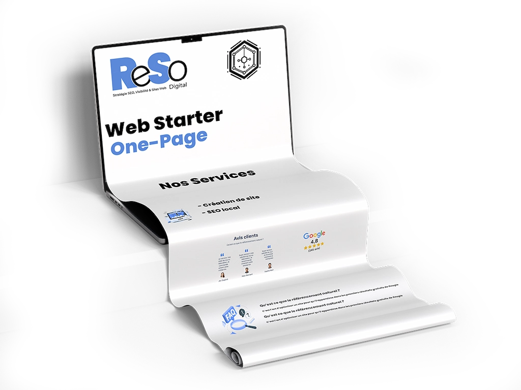 pc avec une page de site internet sortant de l'écran, illustrant l'offre site visibilité digitale de ReSo Digital. Création de site web one page optimisé SEO local.