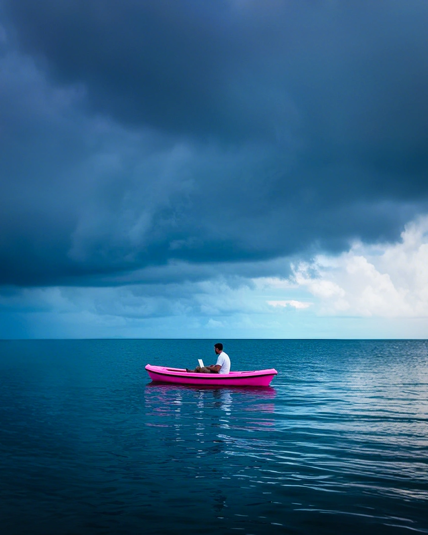 Un homme seul dans un canoë rose sur une mer calme, symbolisant un site bien conçu esthétiquement mais invisible sans SEO local.
