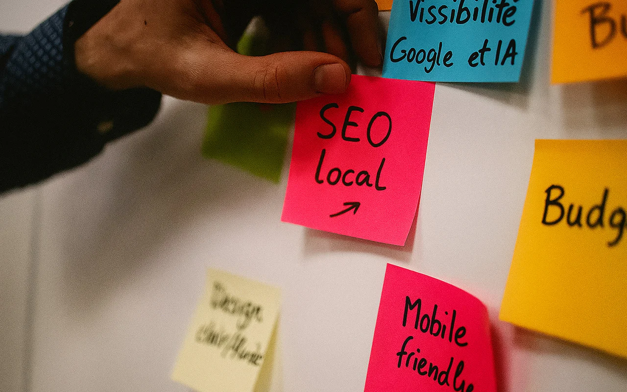Améliorer la visibilité locale Google Post-it 'SEO local' sur tableau avec mots-clés SEO : mobile, budget, design, visibilité IA.  