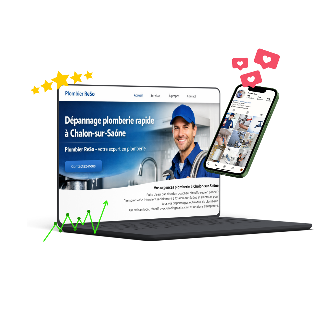 pc présentant un site internet de plombier, optimisé seo et un smartphone ouvert sur un profil instagram optimisé